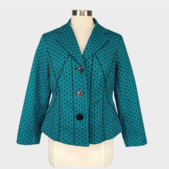 RQT Requirements Womens Petite Teal Black Blazer Jacket Textured Seamed size PM - Picture 1 of 10